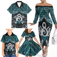 New Zealand Maori Family Matching Off The Shoulder Long Sleeve Dress and Hawaiian Shirt Poutama Pikorua - Single Twist Paua Shell