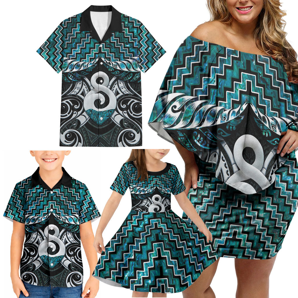New Zealand Maori Family Matching Off Shoulder Short Dress and Hawaiian Shirt Poutama Pikorua - Single Twist Paua Shell LT05 - Polynesian Pride