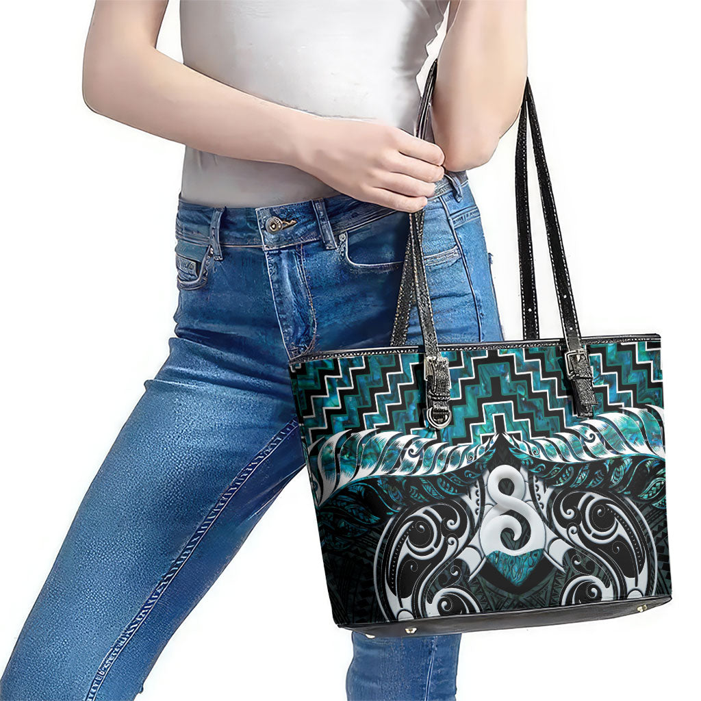New Zealand Maori Leather Tote Bag Poutama Pikorua - Single Twist Paua Shell