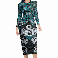 New Zealand Maori Long Sleeve Bodycon Dress Poutama Pikorua - Single Twist Paua Shell LT05 Long Dress Turquoise - Polynesian Pride