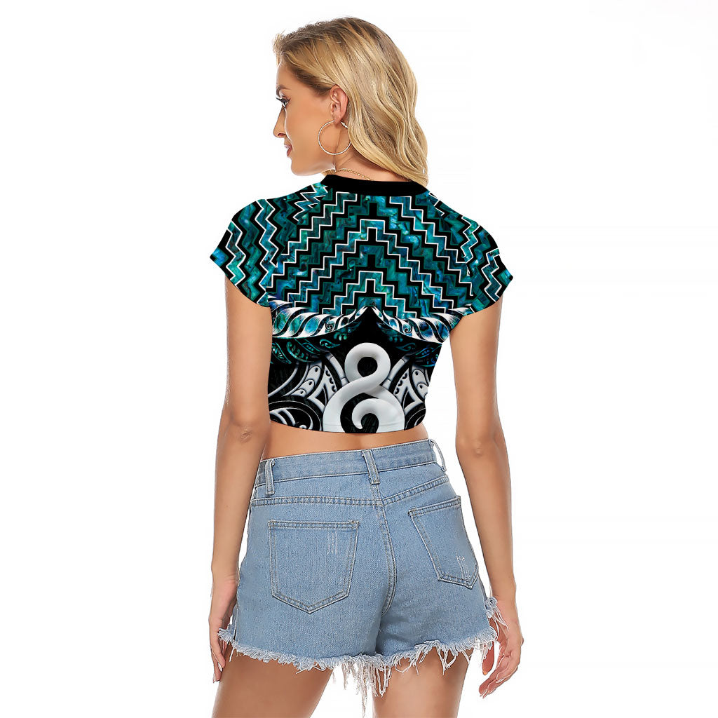 New Zealand Maori Raglan Cropped T Shirt Poutama Pikorua - Single Twist Paua Shell
