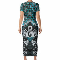 New Zealand Maori Short Sleeve Bodycon Dress Poutama Pikorua - Single Twist Paua Shell