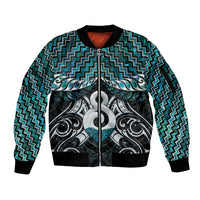 New Zealand Maori Sleeve Zip Bomber Jacket Poutama Pikorua - Single Twist Paua Shell