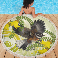 New Zealand Piwakawaka Fantail Bird Beach Blanket With Kowhai Flowers