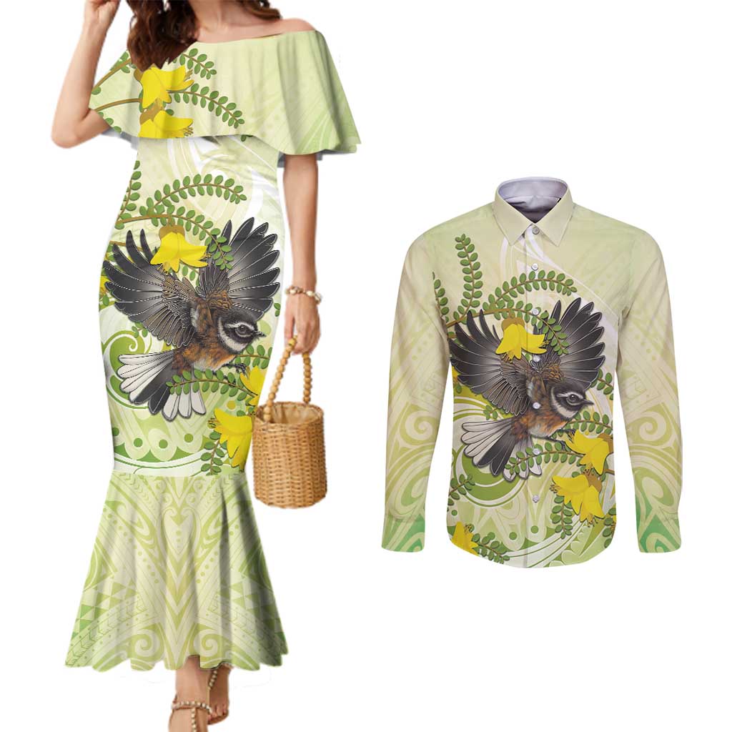 New Zealand Piwakawaka Fantail Bird Couples Matching Mermaid Dress and Long Sleeve Button Shirt With Kowhai Flowers LT05 Green - Polynesian Pride