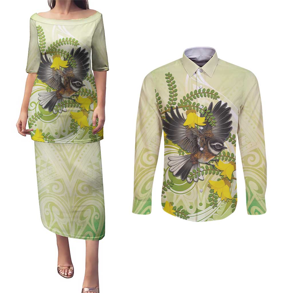 New Zealand Piwakawaka Fantail Bird Couples Matching Puletasi and Long Sleeve Button Shirt With Kowhai Flowers LT05 Green - Polynesian Pride