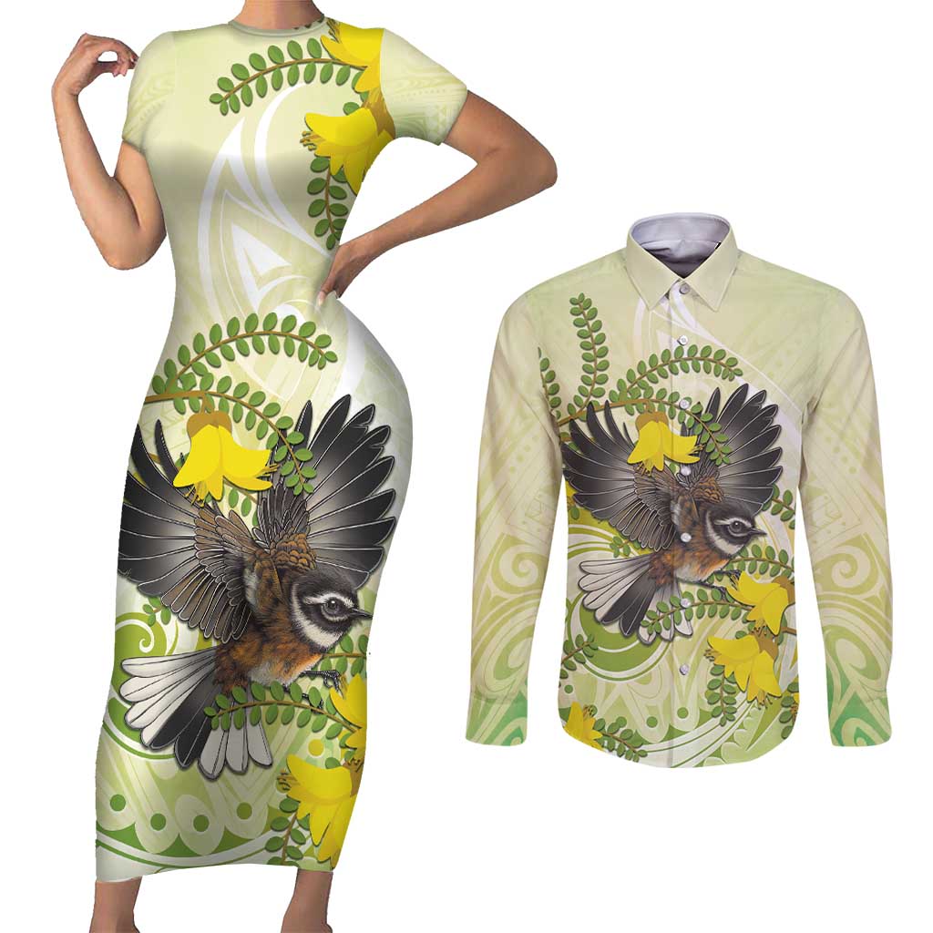 New Zealand Piwakawaka Fantail Bird Couples Matching Short Sleeve Bodycon Dress and Long Sleeve Button Shirt With Kowhai Flowers LT05 Green - Polynesian Pride