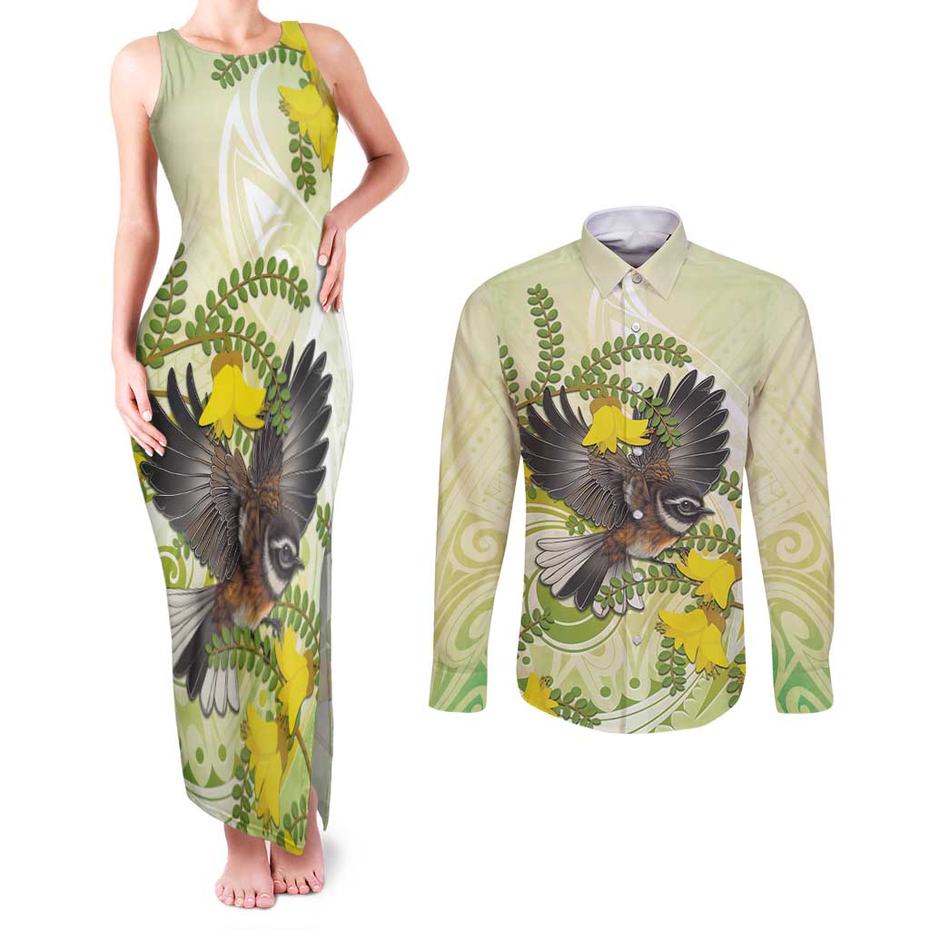 New Zealand Piwakawaka Fantail Bird Couples Matching Tank Maxi Dress and Long Sleeve Button Shirt With Kowhai Flowers LT05 Green - Polynesian Pride