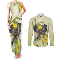 New Zealand Piwakawaka Fantail Bird Couples Matching Tank Maxi Dress and Long Sleeve Button Shirt With Kowhai Flowers LT05 Green - Polynesian Pride