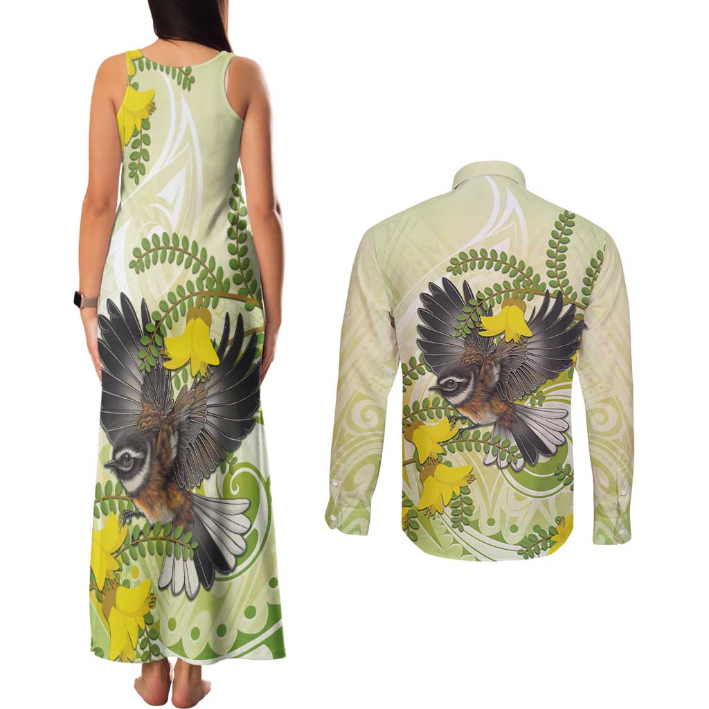 New Zealand Piwakawaka Fantail Bird Couples Matching Tank Maxi Dress and Long Sleeve Button Shirt With Kowhai Flowers LT05 - Polynesian Pride