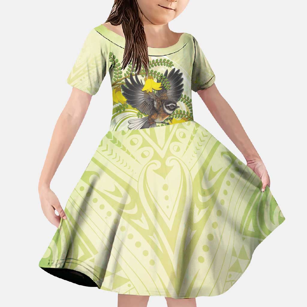 New Zealand Piwakawaka Fantail Bird Family Matching Mermaid Dress and Hawaiian Shirt With Kowhai Flowers
