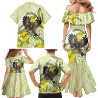 New Zealand Piwakawaka Fantail Bird Family Matching Mermaid Dress and Hawaiian Shirt With Kowhai Flowers