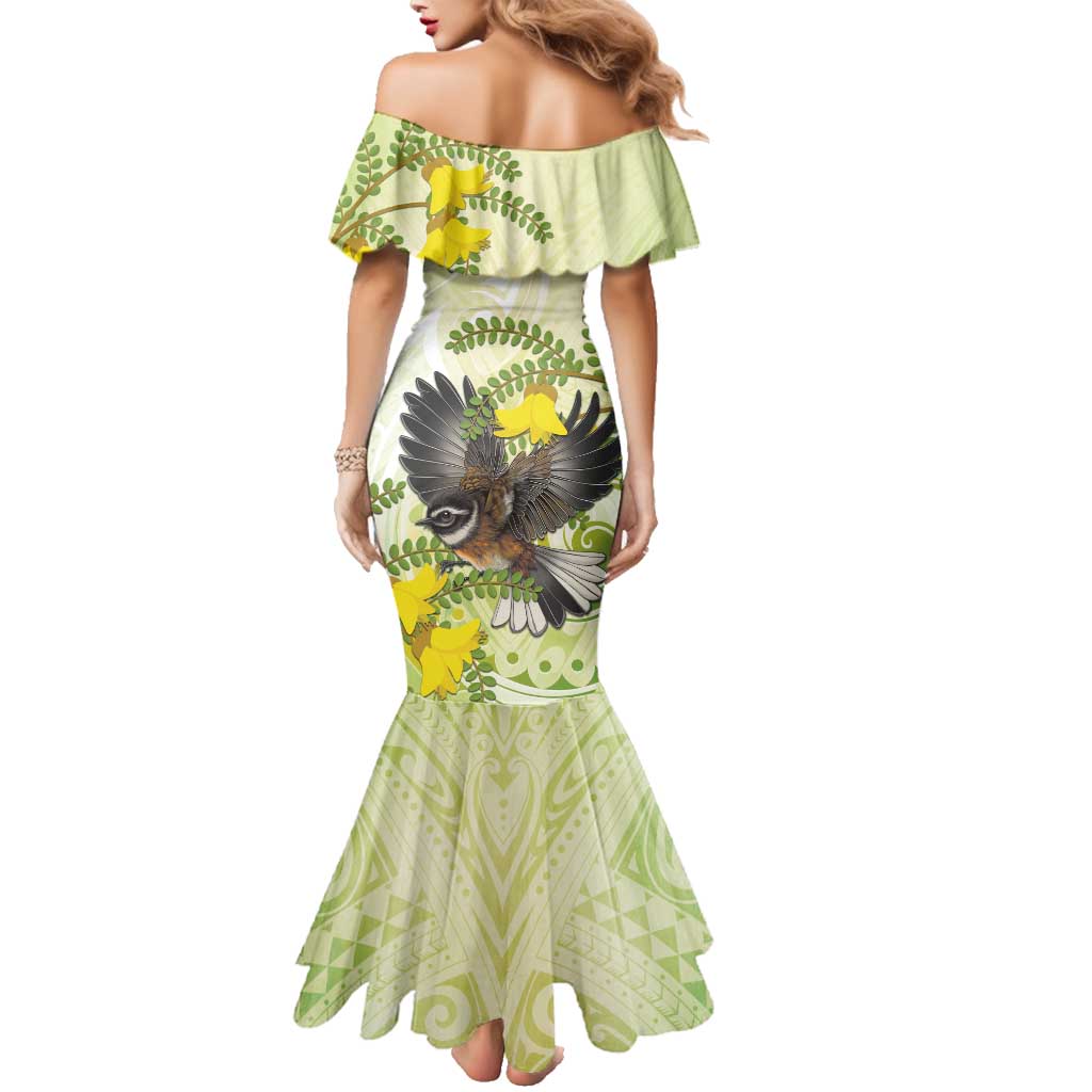 New Zealand Piwakawaka Fantail Bird Family Matching Mermaid Dress and Hawaiian Shirt With Kowhai Flowers