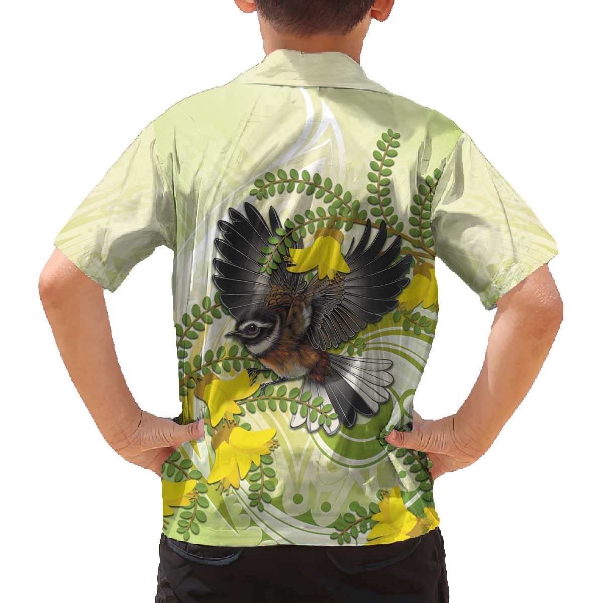 New Zealand Piwakawaka Fantail Bird Family Matching Off Shoulder Short Dress and Hawaiian Shirt With Kowhai Flowers