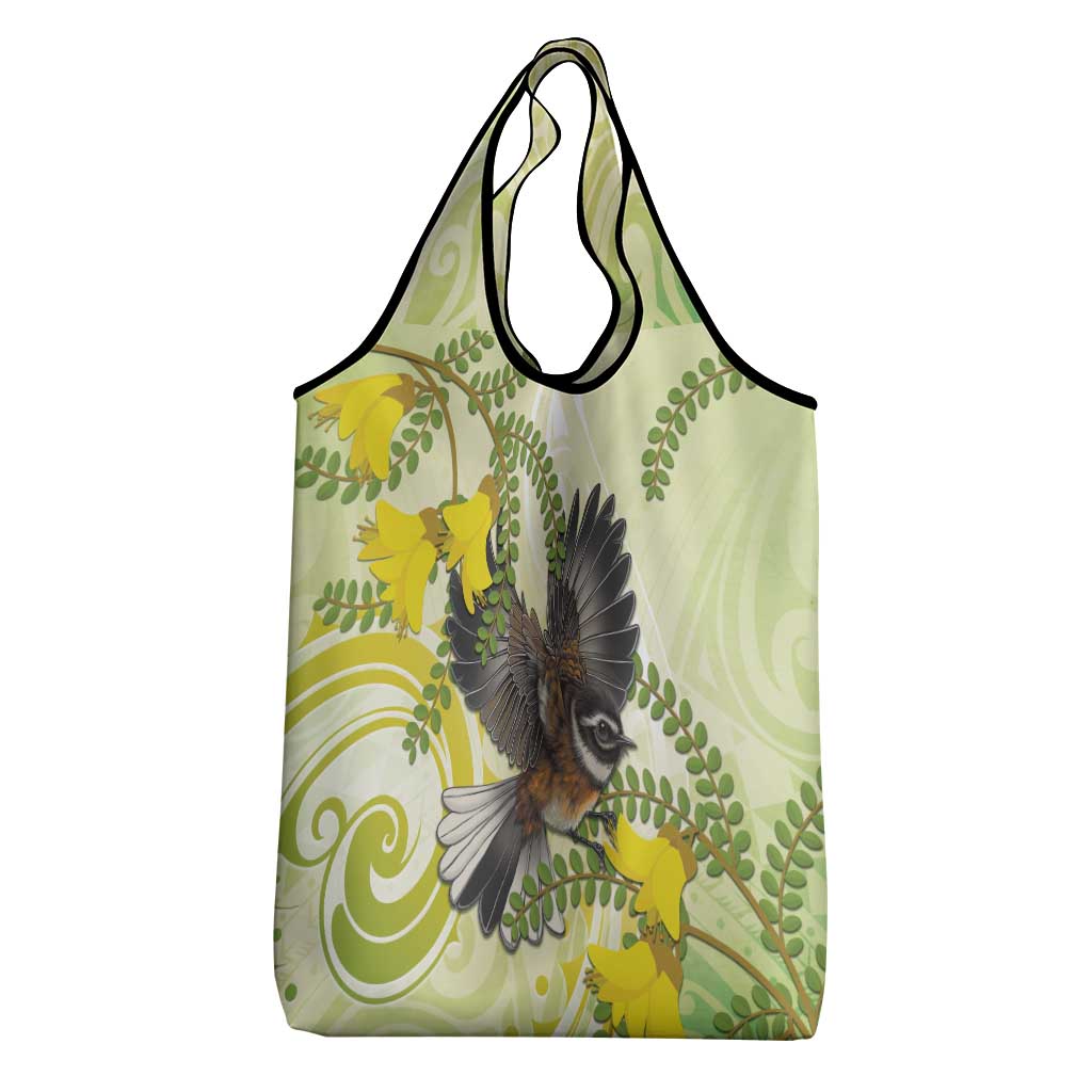 New Zealand Piwakawaka Fantail Bird Grocery Bag With Kowhai Flowers