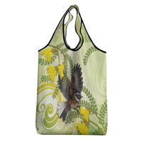 New Zealand Piwakawaka Fantail Bird Grocery Bag With Kowhai Flowers