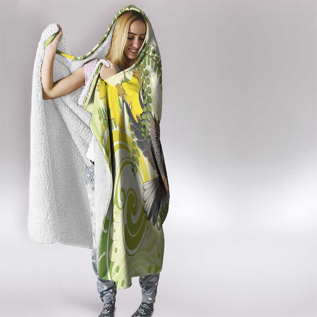 New Zealand Piwakawaka Fantail Bird Hooded Blanket With Kowhai Flowers