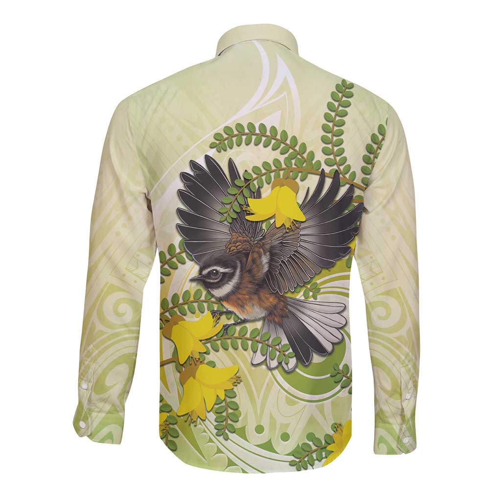 New Zealand Piwakawaka Fantail Bird Long Sleeve Button Shirt With Kowhai Flowers