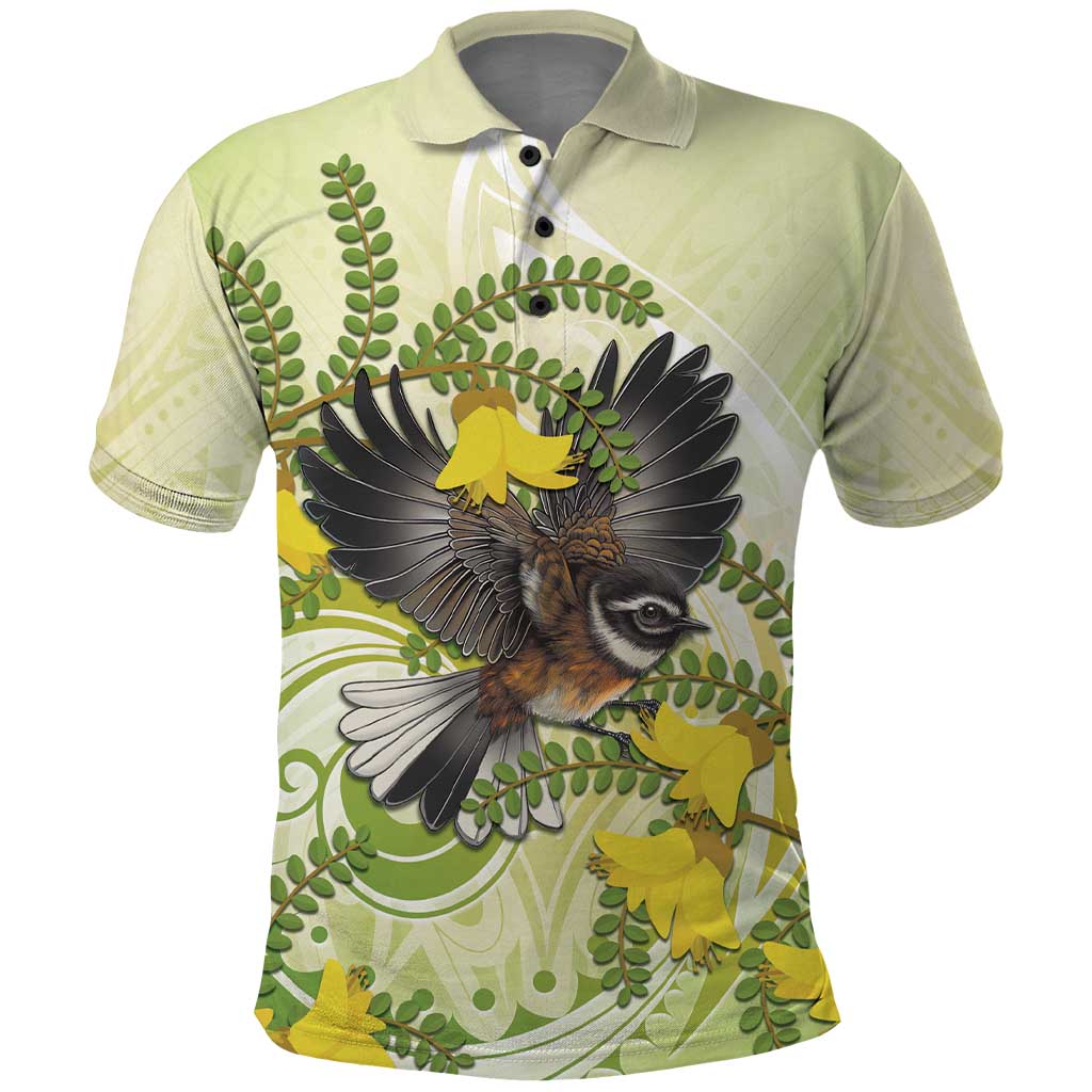 New Zealand Piwakawaka Fantail Bird Polo Shirt With Kowhai Flowers LT05 Green - Polynesian Pride