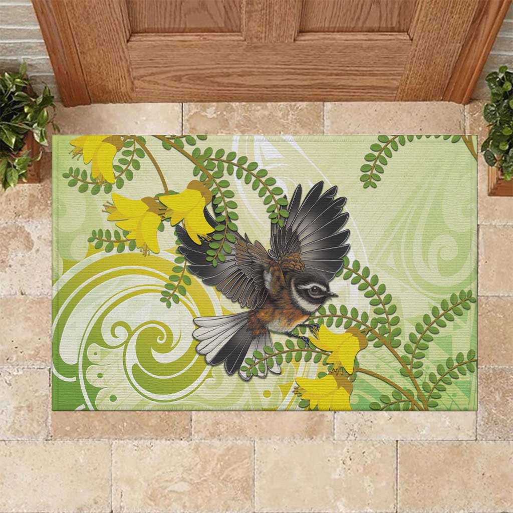 New Zealand Piwakawaka Fantail Bird Rubber Doormat With Kowhai Flowers