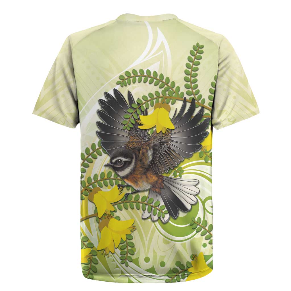 New Zealand Piwakawaka Fantail Bird Rugby Jersey With Kowhai Flowers