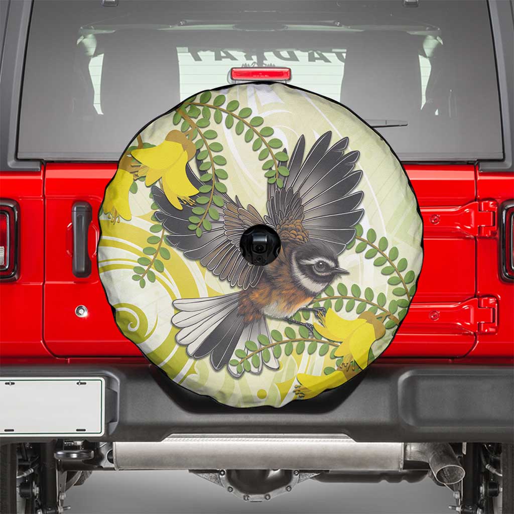New Zealand Piwakawaka Fantail Bird Spare Tire Cover With Kowhai Flowers
