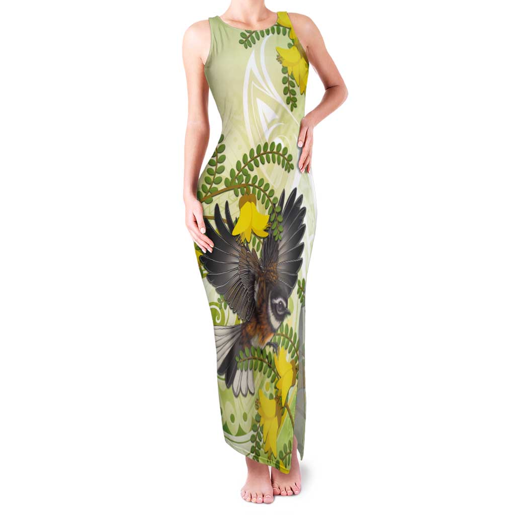 New Zealand Piwakawaka Fantail Bird Tank Maxi Dress With Kowhai Flowers