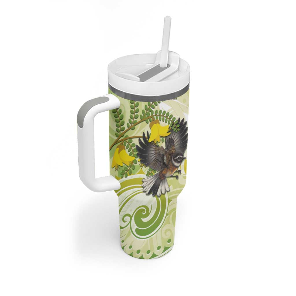 New Zealand Piwakawaka Fantail Bird Tumbler With Handle With Kowhai Flowers