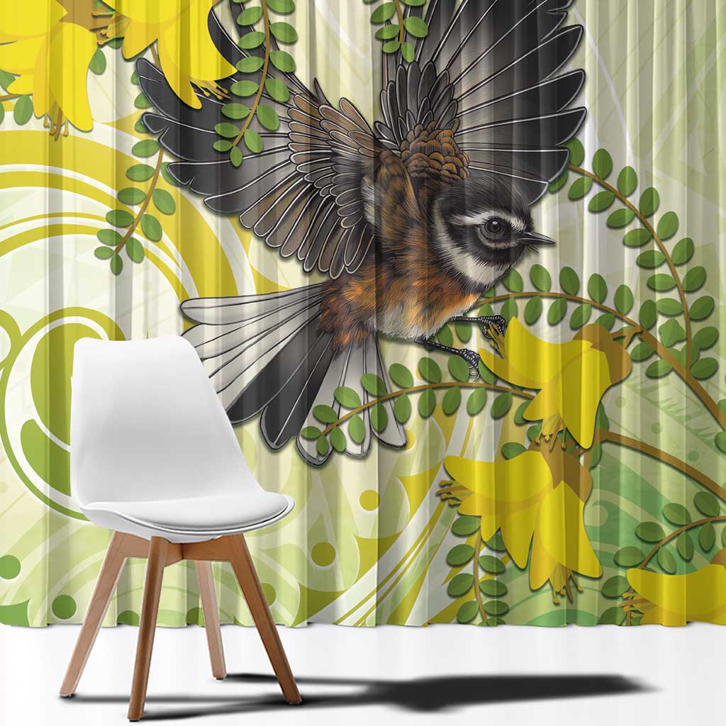 New Zealand Piwakawaka Fantail Bird Window Curtain With Kowhai Flowers