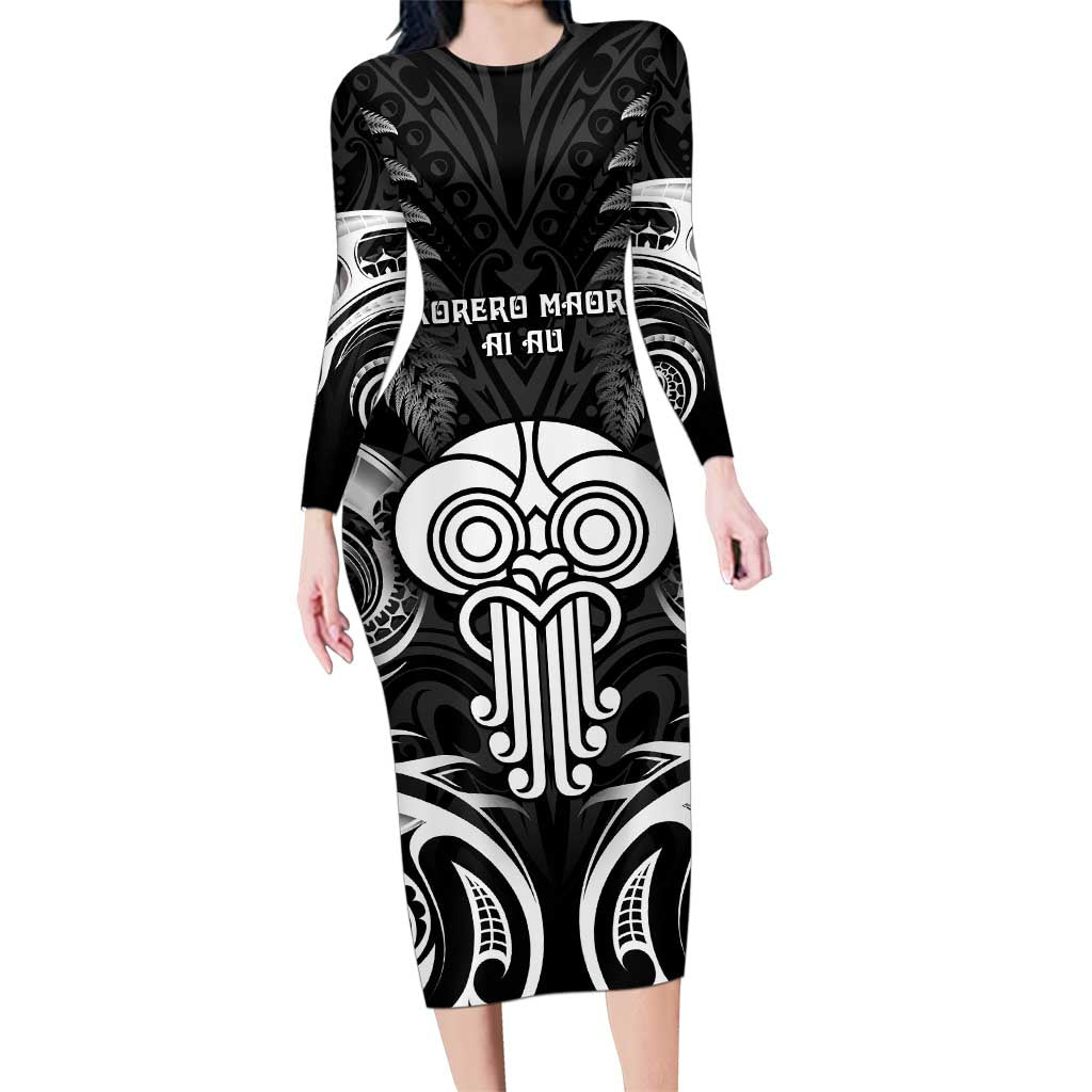 New Zealand Te Reo Maori Family Matching Long Sleeve Bodycon Dress and Hawaiian Shirt Korero Maori Ai Au LT05 Mom's Dress Black - Polynesian Pride