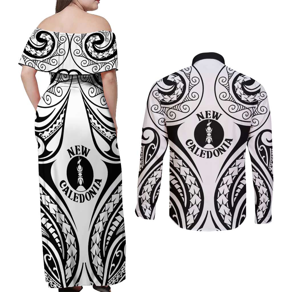 New Caledonia Day Couples Matching Off Shoulder Maxi Dress and Long Sleeve Button Shirt Polynesian Curves White Color - Polynesian Pride