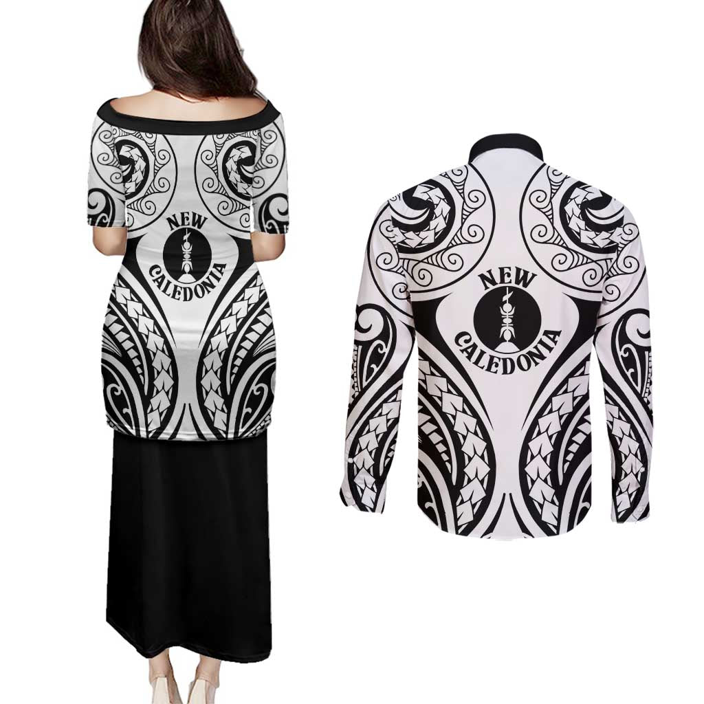 New Caledonia Day Couples Matching Puletasi and Long Sleeve Button Shirt Polynesian Curves White Color - Polynesian Pride