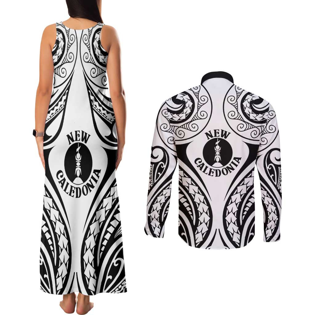 New Caledonia Day Couples Matching Tank Maxi Dress and Long Sleeve Button Shirt Polynesian Curves White Color - Polynesian Pride