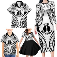 New Caledonia Day Family Matching Long Sleeve Bodycon Dress and Hawaiian Shirt Polynesian Curves White Color - Polynesian Pride