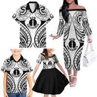 New Caledonia Day Family Matching Off The Shoulder Long Sleeve Dress and Hawaiian Shirt Polynesian Curves White Color - Polynesian Pride