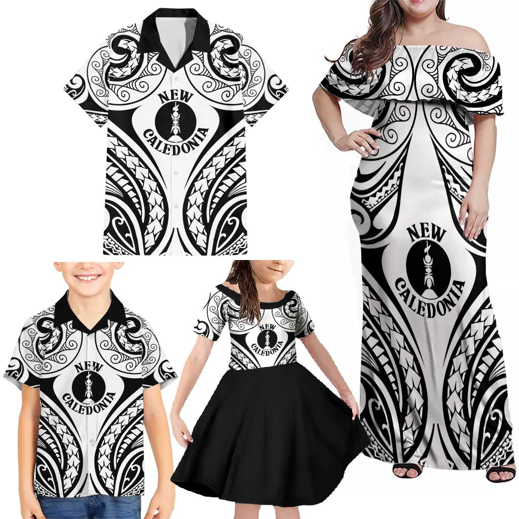 New Caledonia Day Family Matching Off Shoulder Maxi Dress and Hawaiian Shirt Polynesian Curves White Color - Polynesian Pride