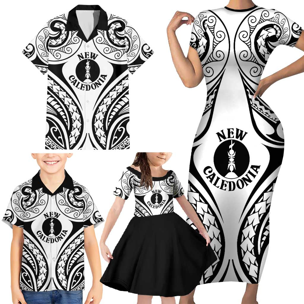New Caledonia Day Family Matching Short Sleeve Bodycon Dress and Hawaiian Shirt Polynesian Curves White Color - Polynesian Pride