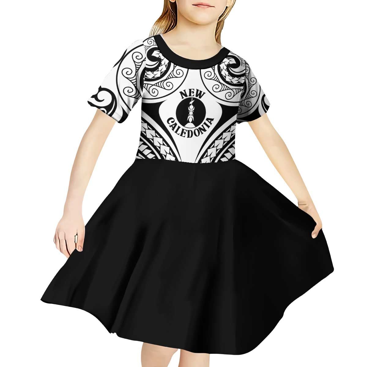 New Caledonia Day Kid Short Sleeve Dress Polynesian Curves White Color - Polynesian Pride
