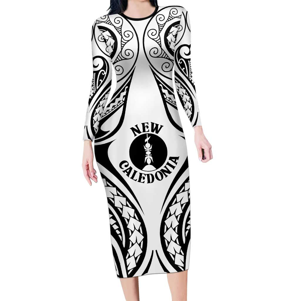 New Caledonia Day Long Sleeve Bodycon Dress Polynesian Curves White Color - Polynesian Pride