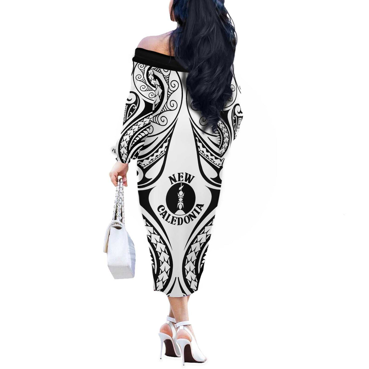 New Caledonia Day Off The Shoulder Long Sleeve Dress Polynesian Curves White Color - Polynesian Pride