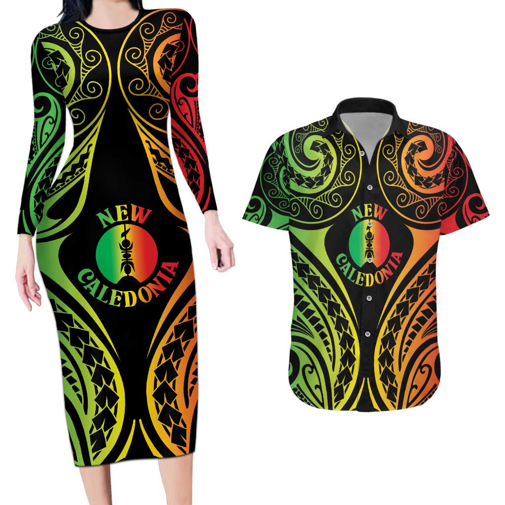 New Caledonia Day Couples Matching Long Sleeve Bodycon Dress and Hawaiian Shirt Polynesian Curves Reggae Color - Polynesian Pride