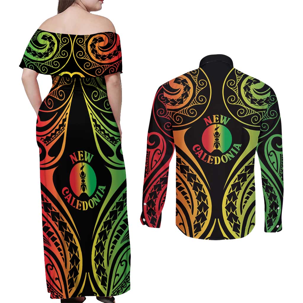 New Caledonia Day Couples Matching Off Shoulder Maxi Dress and Long Sleeve Button Shirt Polynesian Curves Reggae Color - Polynesian Pride