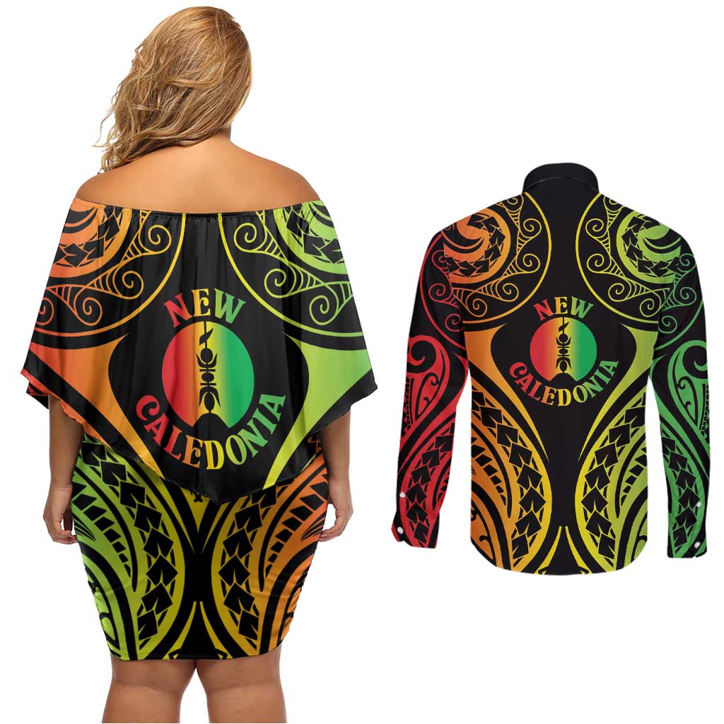 New Caledonia Day Couples Matching Off Shoulder Short Dress and Long Sleeve Button Shirt Polynesian Curves Reggae Color - Polynesian Pride