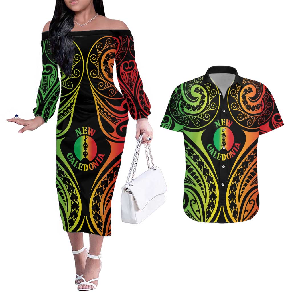 New Caledonia Day Couples Matching Off The Shoulder Long Sleeve Dress and Hawaiian Shirt Polynesian Curves Reggae Color - Polynesian Pride
