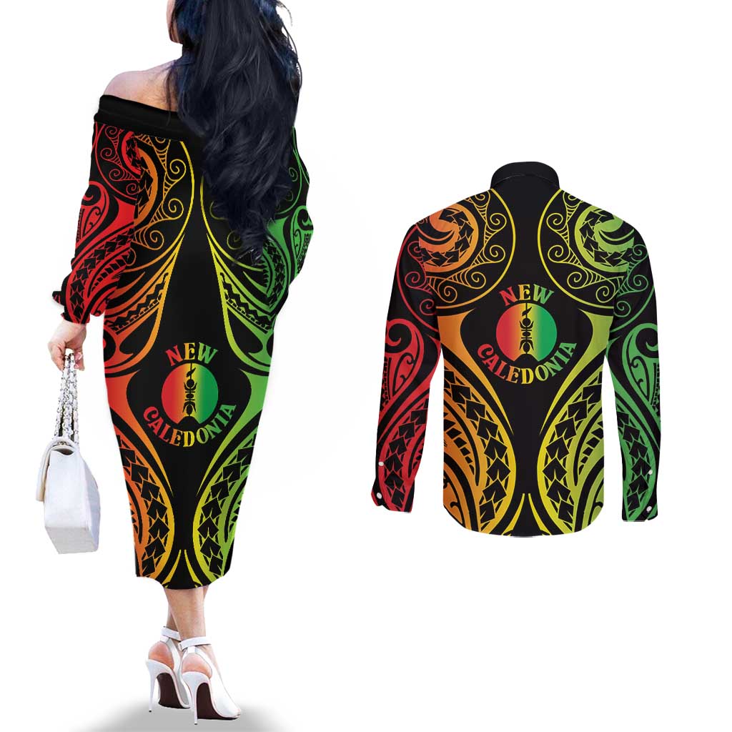 New Caledonia Day Couples Matching Off The Shoulder Long Sleeve Dress and Long Sleeve Button Shirt Polynesian Curves Reggae Color - Polynesian Pride