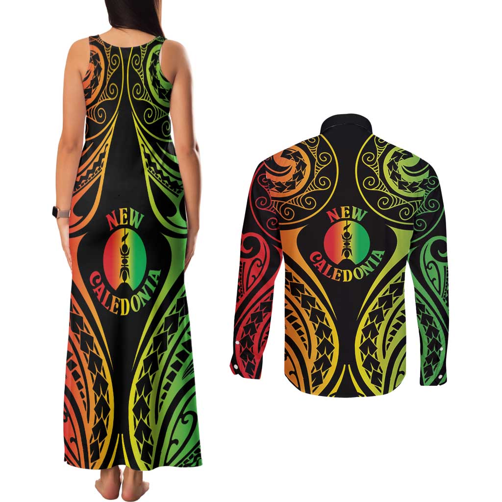 New Caledonia Day Couples Matching Tank Maxi Dress and Long Sleeve Button Shirt Polynesian Curves Reggae Color - Polynesian Pride
