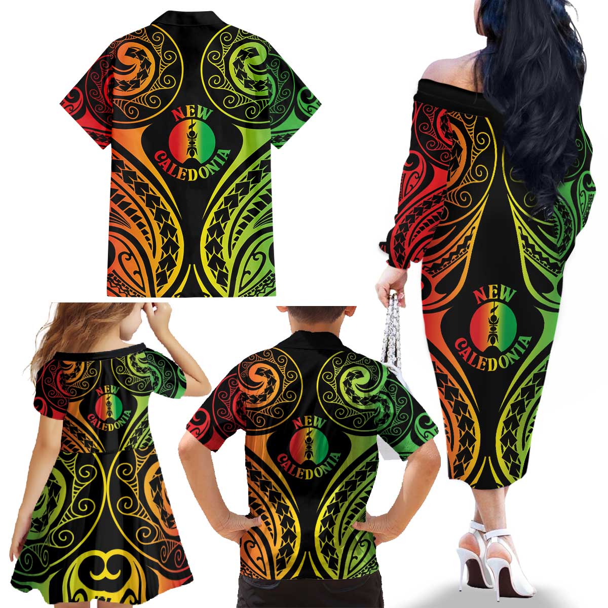 New Caledonia Day Family Matching Off The Shoulder Long Sleeve Dress and Hawaiian Shirt Polynesian Curves Reggae Color - Polynesian Pride