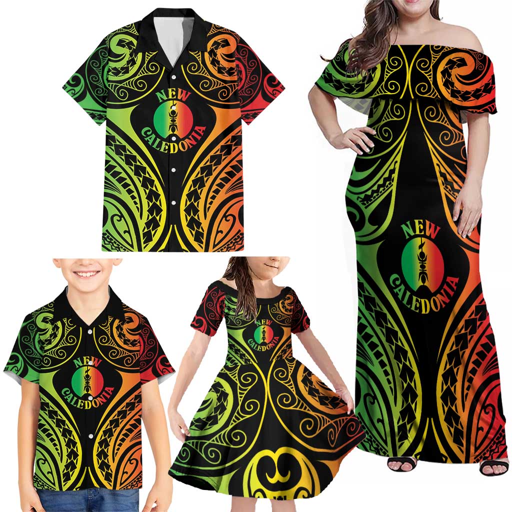 New Caledonia Day Family Matching Off Shoulder Maxi Dress and Hawaiian Shirt Polynesian Curves Reggae Color - Polynesian Pride