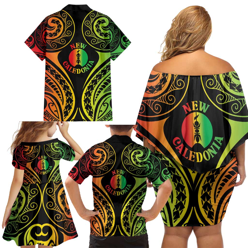 New Caledonia Day Family Matching Off Shoulder Short Dress and Hawaiian Shirt Polynesian Curves Reggae Color - Polynesian Pride