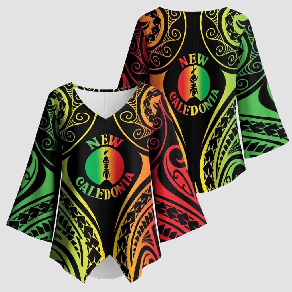 New Caledonia Day Kimono Sleeve Blouse Polynesian Curves Reggae Color - Polynesian Pride